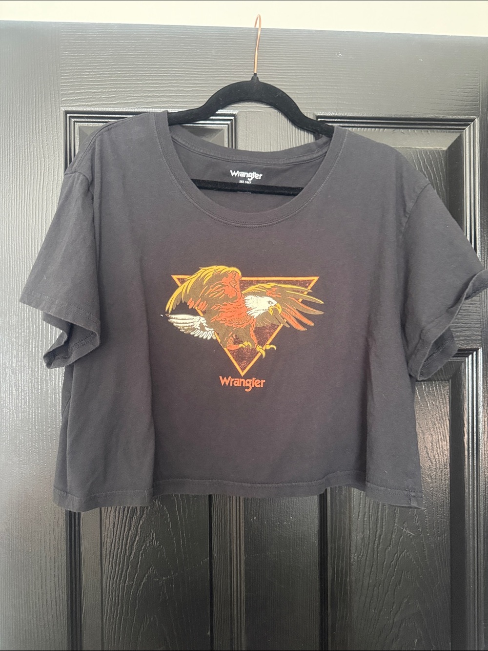 Wrangler Black Crop Tee with Orange & Cream Eagle Graphic